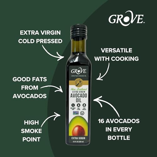 Image of Grove Extra Virgin Avocado Oil - Plant Based, Vegan, Gluten Free, 100% Natural, Cold Pressed, High Smoke Point, 16 Whole Avocados in Every Bottle (8.4oz, 250ml)