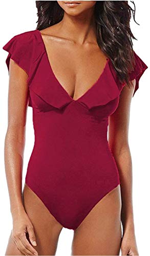 AdoreShe Women's Sexy V-Plunge One-Piece Swimsuit, Wine Red, Large