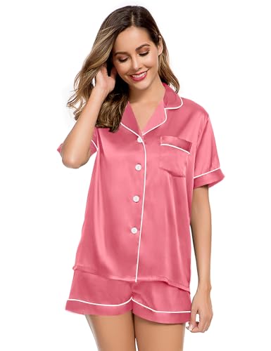 Image of LecGee Womens Silk Satin Pajamas Short Sleeve Loungewear Two-Piece Sleepwear Button-Down Pj Set