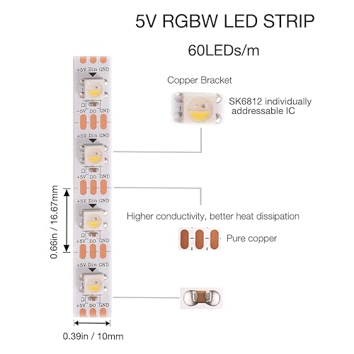 Image of DC5V SK6812 (Similar WS2812B) RGBW RGB+Cold White LED Strip Light 60leds /Pixels /m Individually Addressable 4Color in 1LED(16.4ft(5m) 300leds, IP65) (No Adapter or Controller)
