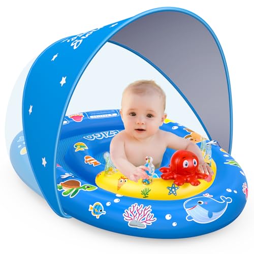 EZIGO Baby Pool Float with Canopy UPF50+ Sun Protection, Inflatable Kids Pool Floats with Ocean Animal Toys for Babies 6-36 Months, Infant Swimming Float with Adjustable Safety Seat for Boys Girls