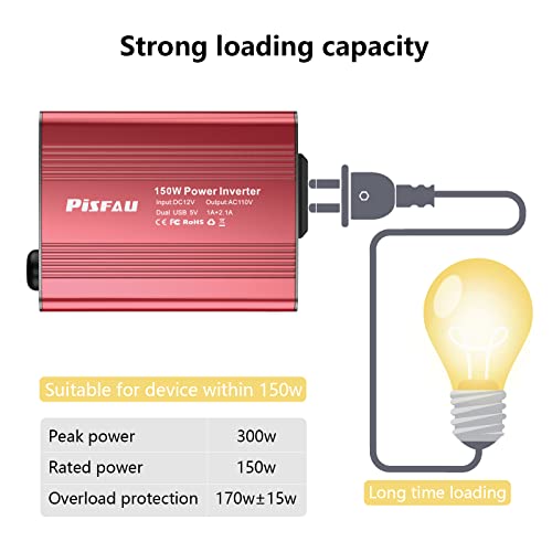 150W Car Power Inverter DC 12v to AC 110v Converter, Car Plug Outlet Adapter with 2 USB Ports and 1 AC Socket, Road Trip Essentials Accessories