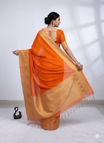 Image of Kanjivaram Silk Saree for Women - Handloom Floral Weaving, Contrast Border, Heavy Gold Zari Rich Pallu, Traditional Designer Wedding & Festive Saree with Blouse Piece