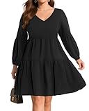 Pinup Fashion Tunic Dress Women Plus Size Black Long Sleeve Babydoll Shift V Neck Cute Casual Fall Loose Flowy Swing Ruffle Dresses