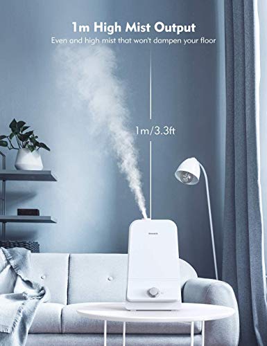 Homech Cool Mist Humidifier 6L, 26dB Quiet Ultrasonic Humidifiers for Large Bedroom Babies Adults, 360° Nozzle, Water Level Window and Waterless Auto Shut-Off for Home Office 20-60 Hours, White