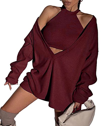 Image of ECDAHICC Women's Two Piece Outfits Knitted Halter Neck Crop Tank Tops and Oversized Off Shoulder Deep V Neck Pullover Sweater