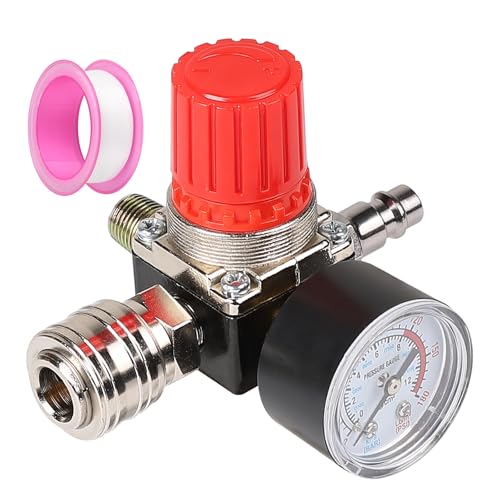 CPROSP Druckminderer Druckluft 1/4' 4 Löcher mit Teflonband und Manometer, Druckregler Kompressor 175 PSI 12 Bar, Druckschaltventil, Druckregler Luftkompressors für Luftverdichter