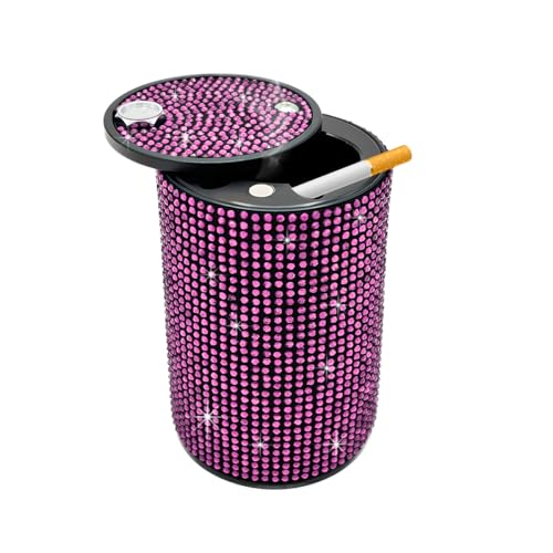 Image of Car Cigarette Ashtray with Lid, Stainless Steel Bling Crystal Diamond Smokeless Fireproof Vehicle Ashtray Holder, Portable Sparkling Ashtray Cup Holder for Car Home Office (Pink)