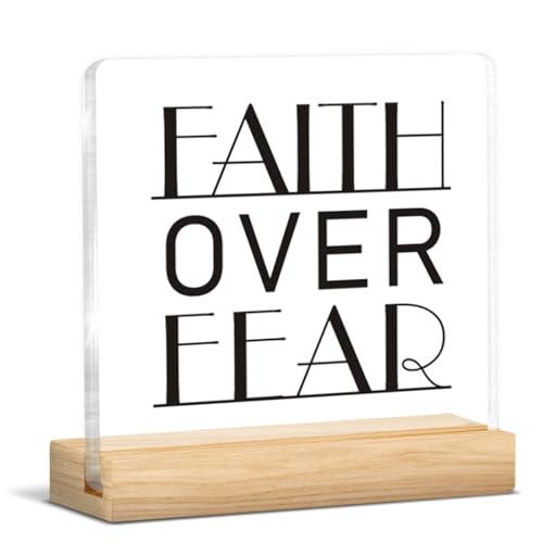 Positive Christian Gifts for Women Men, Faith Over Fear Christian Clear Acrylic Sign With Wooden Stand for Desk Table Shelf