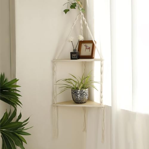 Image of Artilady Macrame Corner Shelf Wall Hanging - 2 Tier White Corner Floating Shelves Boho Wall Decor, Rustic Wooden Plant Shelf Storage Rack for Bedroom Living Room Bathroom