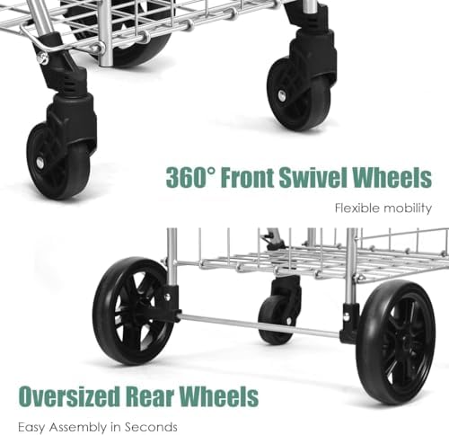 Foldable Height Adjustable Shopping Cart on Wheels, Portable Utility Cart with Back Basket, Foam Handle, Metal Luggage Trolley for Grocery Shopping & Travel