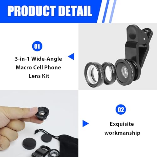 Kasoud 3 in 1 Phone Camera Lens Kit, Includes Fish Eye, 2 in 1 Macro & Wide Angle Lenses, Universal Clip, Black - Image 3