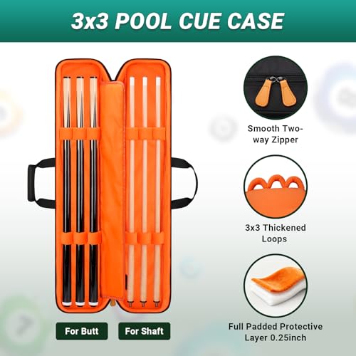 Bosynoy Pool Cue Case 3x3, Pool Stick Case Soft Padded Cue Case Holds 3 Butts and 3 Shafts, Soft Pool Cue Bag with Shoulder Strap Handle, Billiard Cue Cases with Multi-pocket for Accessories, Black