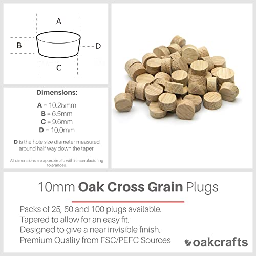 Oakcrafts - Pack of 50 Premium Quality Oak Flat Head Cross Grain Plugs (10mm), Reddish-brown - Image 2