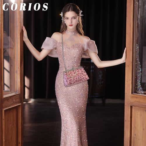 CORIOS Wieczorowa kopertówka w stylu vintage z lat 20. XX wieku dla kobiet błyszcząca torebka z cekinami torebka ślubna brokatowa torebka crossbody z kryształami górskimi elegancka kryształowa torba
