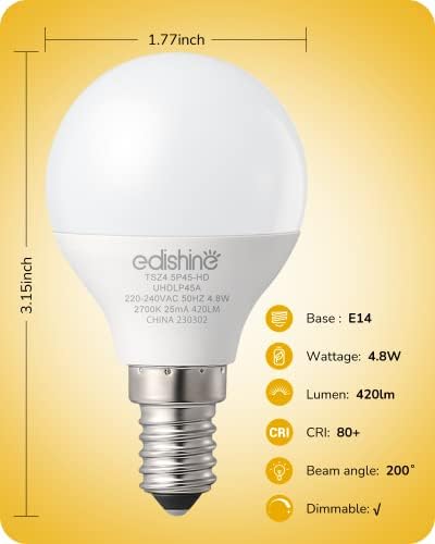 EDISHINE E14 LED Bulb, Golf Ball P45 Bulb Dimmable, Small Edison Screw (SES), Energy-Saving 4.8W (40W Equivalent), 2700K Warm White, Suitable for Dimmable Lamps, 6 Pack, UKCA/CE/ERP Listed