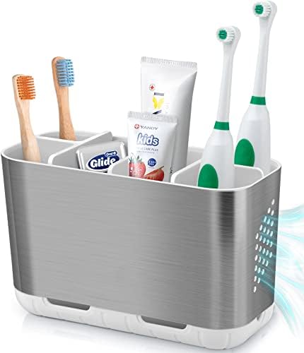 Boperzi Toothbrush Holder Toothpaste Organizer Drainage for Bathroom Vanity, Large Brushed Nickel Toothbrush Storage Caddy Anti-Slip Rustic with Adjustable Dividers for Family, Kids