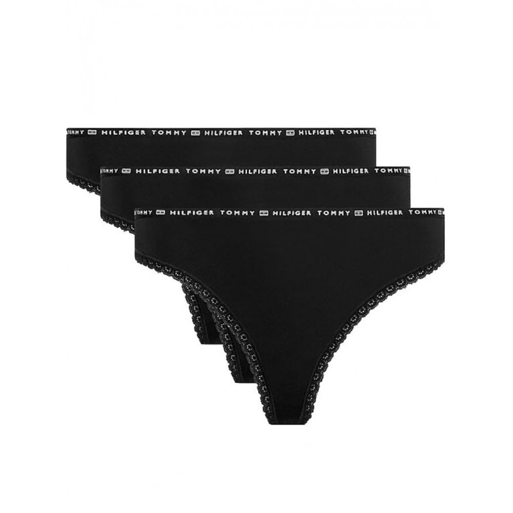 Tommy Hilfiger Women's Black 3-Pack Lace Trim Microfibre Thongs,  8 Xs