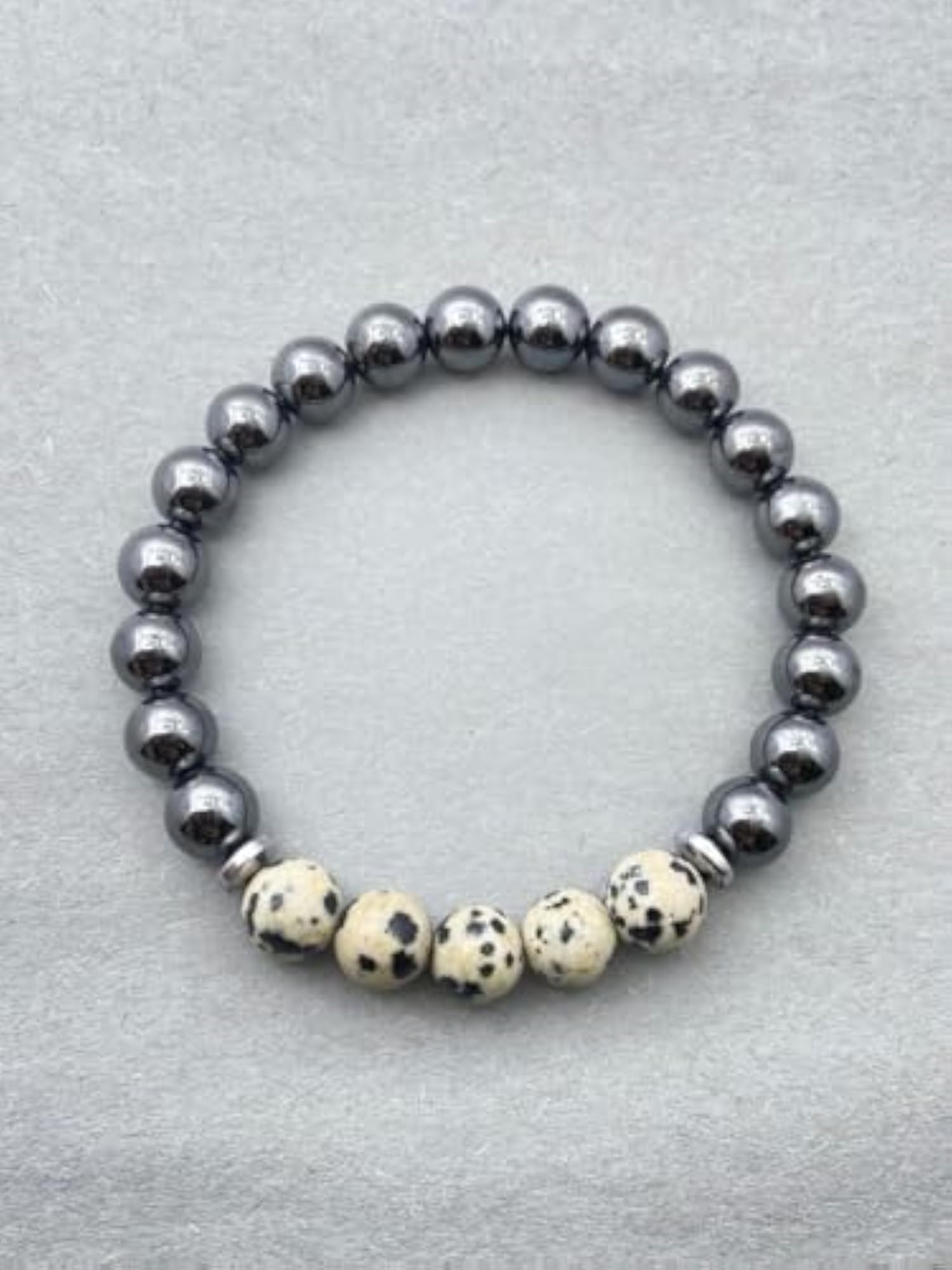 Natural Dalmatian Jasper & Hematite 8mm Round Bead Stretchable Bracelet, Unisex