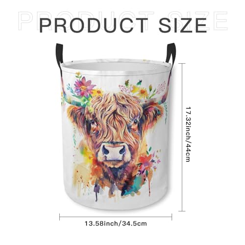 Laundry Basket Colorful Floral Highland Cow Collapsible Laundry Hamper with Handles Clothes Storage Bin for Household Bedroom Bathroom College Dorms by GODARM - Image 2