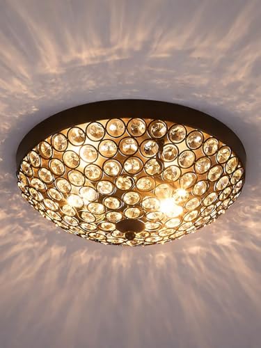 Image of 2-Lights Dome Shape Metal Glass Crystal Chandelier Jhoomar Ceiling Light for Living Room | Modern Flush Mount Crystal Ceiling Lamp | Warm White LED Included