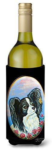 Caroline's Treasures 7247LITERK Black and White Papillon Wine Bottle Hugger Bottle Cooler Sleeve Hugger Machine Washable Collapsible Insulator Beverage Insulated Holder