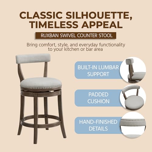 Image of ROME + OAK Ruxban 26 inch Counter Stool, Set of 4 Low Back Swivel Barstools in Weathered Oak Finish with Sand Fabric Upholstery Seat - Indoor Home Furniture