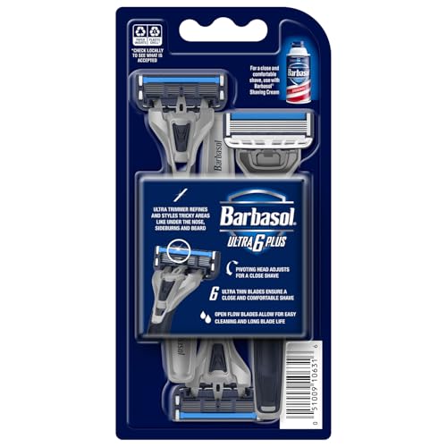 Image of Barbasol Ultra 6 Plus Disposable Razor Value Pack (1 Pack /3 Total Razors) | Premium 6-Blade Disposable Razors, Close Shave technology, UltraTrimmer 7th Blade, Pivoting Head, Razor Bundle