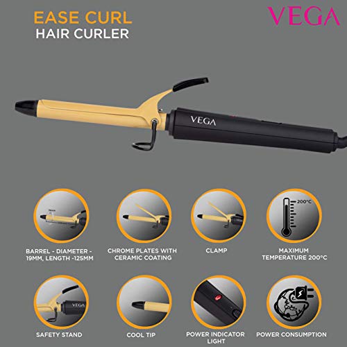 Image of VEGA 3 in 1 Hair Styler, Straightener, Curler & Crimper (VHSCC-01), Black & Ease Curl 19 mm Barrel Hair Curler With Ceramic Coated Plates, (VHCH-01), Beige
