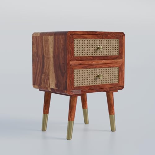 Image of DRIFTINGWOOD Amber Nightstand Bedside Table with 2 Drawers - Solid Sheesham Wood & Rattan Cane Front - Mid Century Modern Wooden End Table for Bedroom - Honey Finish