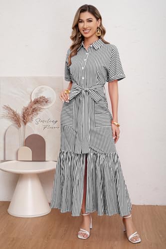 Image of utcoco Women's 2026 Summer Casual Striped Button Down Maxi Dress Tie Waist Short Sleeve Shirt Dress with Pockets