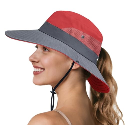 Image of NPQQUAN Ponytail Sun Hats for Women UPF 50+ Wide Visor UV Protection Packable Hat for Beach Hiking Gardening