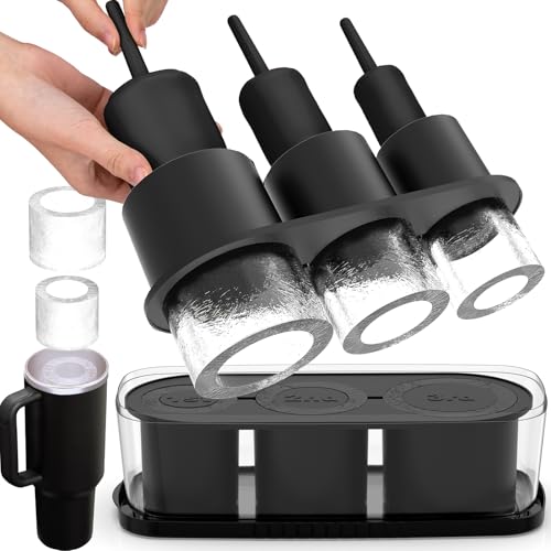 Ice Cube Tray for Tumbler Cup 30Oz-40Oz, 3 Pcs Silicone Cylinder Ice Mold with Lid and Bin for Freezer, Easy Fill and Release Ice Maker for Whiskey, Cocktail BPA-Free (Black, 40Oz-Type2)