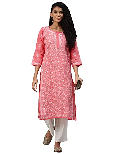 Image of Ada Women's Cotton Straight Fit Straight Hand Embroidered Lucknowi Chikankari Kurta Kurti A411165