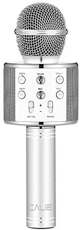 Calie Wireless Karaoke Microphone with Bluetooth Speaker for iPhone Android Smartphone, Portable Handheld Microphone for Singing Recording Interviews Home KTV Party (Silver)