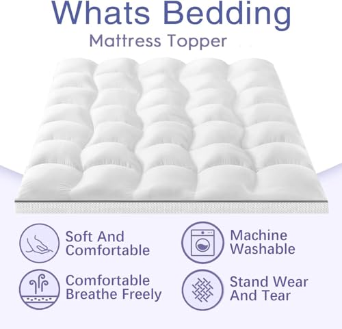 WhatsBedding Memory Foam Mattress Topper, Pressure-Relieving Cooling Mattress Pad with Secure Strap Design for Back Pain, Soft and Supportive Bed Topper