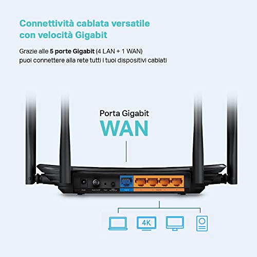 TP-Link Archer C6 Gigabit Router Wi-Fi Dual Band AC1200 Wireless, 5 Porte Gigabit, 4 Antenne Esterne e 1 Antenna Interna, 2.4GHz/5GHz, Modalità Access Point, MU-MIMO, Rete Ospite, Nero