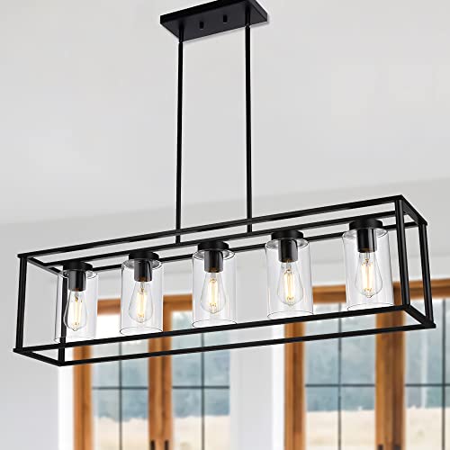 image for VINLUZ Farmhouse Chandeliers Rectangle Black 5 Light Dining Room Light