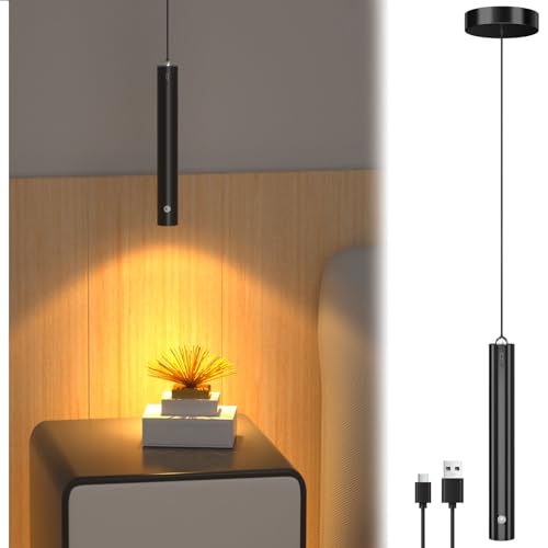Lustaled Lampada a Sospensione LED Ricaricabile 3000mAh, Touch Dimmerabile con Memoria, Spot 24° Bianco Caldo 3000K, Lampadario Cucina Moderno Nero per Comodino, Camera da Letto, Soggiorno, Ø4x30cm