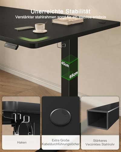 JUMMICO Höhenverstellbarer Schreibtisch mit USB-Ladeanschluss 180 x 80 cm, Schreibtisch Höhenverstellbar Elektrisch, Steh-Sitz Tisch Stehpult Verstellbarer Computertisch,Standing Desk,Schwarz