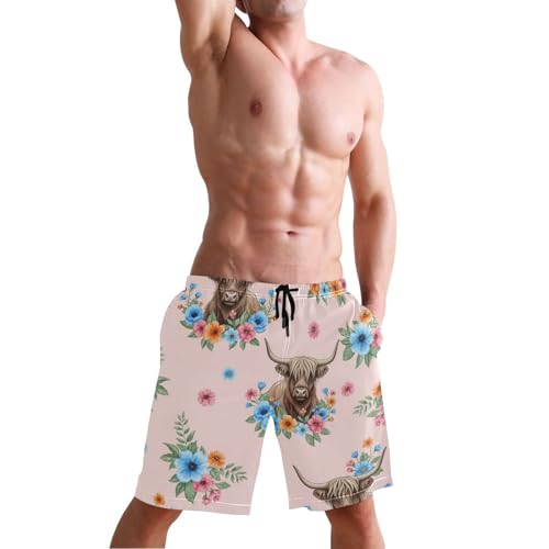 Men's Swim Trunks Quick Dry Swimming Shorts with Pocket Highland Cows Blue Floral Swimsuit Trunks4