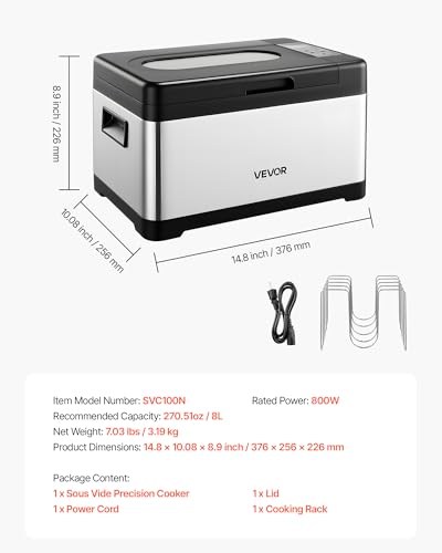 Image of VEVOR Sous Vide Cooker, 800W Sous-Vide Machine, Suveed Cooking Machine with LED Digital Display, Glass Lid, Precise Temperature & Timer Control, for Family & Friends, All-in-One Sous Vide Pot