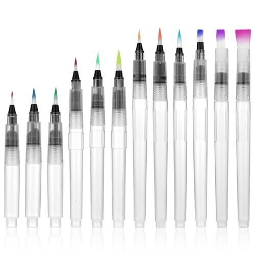 Abeillo 12PCS Watercolour Brush Pens Set, 10Pcs Point Tip and 2Pcs Flat Tip Watercolour Aqua Paint Brushes, Refillable Water Brush Pen for Watercolor Painting Calligraphy Lettering