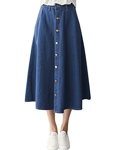 Tanming Women's Casual Button Pockets Elastic Waist Pleated Mid-Long Denim Skirt (X-Large, Blue)
