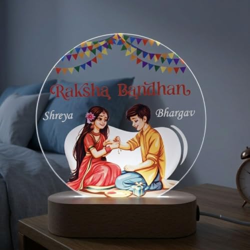 Image of Personalized Raksha Bandhan LED Acrylic Lamp for Brother & Sister | Custom Name Rakhi Night Light with Brother Sister Artwork | Customized Rakshabandhan Gift for Bhai Behan