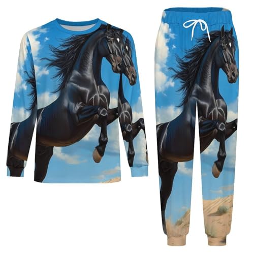 Wild Black Stallion Horse Pajama Set Long Sleeve Lounge Sets Sleepwear 2 Pjs Nightwear for Men Women3