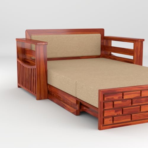 Image of Solid Sheesham Wood Sofa Cums Bed with Mattress & Storage | Rosewood Convertible Sofa Bed for Living Room & Bedroom (E-Honey, 2 Seater)