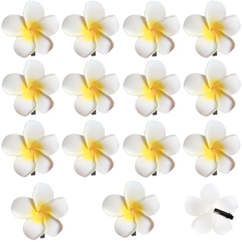 15Pcs 3.7 Inch Large White Foam Hawaiian Frangipani Artificial Plumeria Flower Hat Hair Clips for Home Bridal Wedding Tropical Party Beach Vacation Decoration