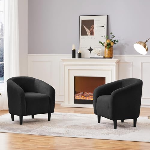 Yaheetech Tub Chair, Accent Chairs for Living Room, Boucle Fabric Armchair, Cozy Barrel Chair with Sturdy Legs for Bedroom/Office/Cafe Bar, Black