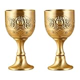 SHINEOFI Juego de 2 Vasos Pequeños de Licor Estilo Vintage, Aleación de Zinc Adornos Grabados en Color Bronce para Whisky y Licor, Mini Copa Resistente y Decorativa para Uso en Bar y Hogar